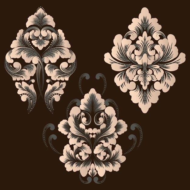 Conjunto vectorial de elementos ornamentales de damasco Elementos abstractos florales elegantes para el diseño Perfecto para tarjetas de invitación, etc.