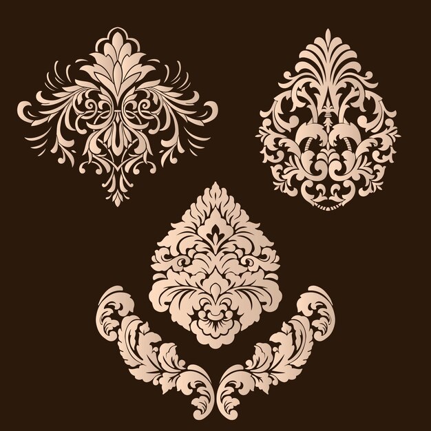 Conjunto vectorial de elementos ornamentales de damasco Elementos abstractos florales elegantes para el diseño Perfecto para tarjetas de invitación, etc.