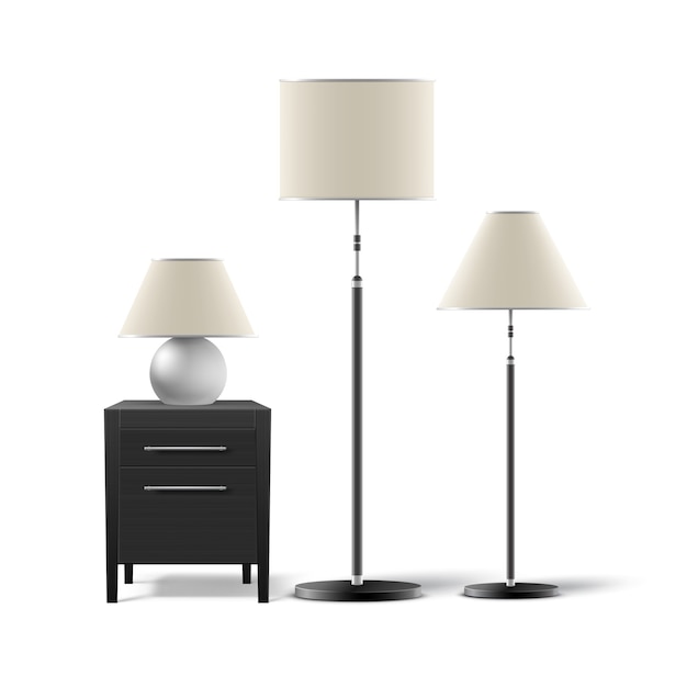 Conjunto vectorial de lámparas de suelo y de mesa con mesita de noche negra aislada sobre fondo blanco