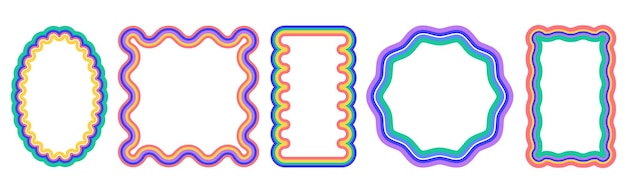 Conjunto vectorial de marcos rectangulares de colores con bordes de vieiras, bordes de fotos garabateados con bordes ondulados