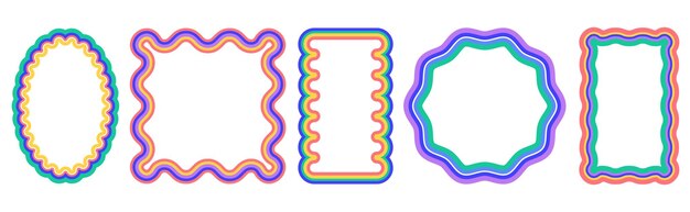 Conjunto vectorial de marcos rectangulares de colores con bordes de vieiras, bordes de fotos garabateados con bordes ondulados