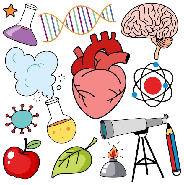 Conjunto vectorial de objetos y iconos científicos coloridos