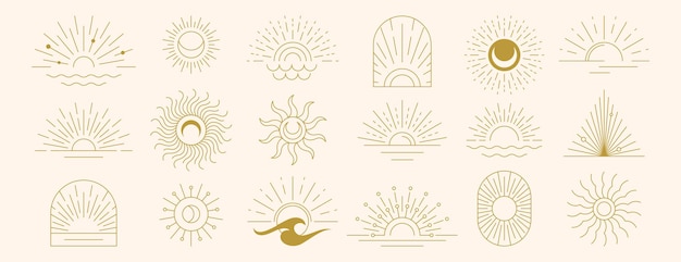 Conjunto vectorial de puesta de sol y rayos de luz de la luna boho lineal dibujado a mano sunburst contorno dorado arte de línea de sol