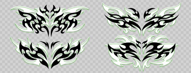 Conjunto vectorial de tatuaje neo tribal neotribal gótico mariposa con alas corazón de llama o simétrico