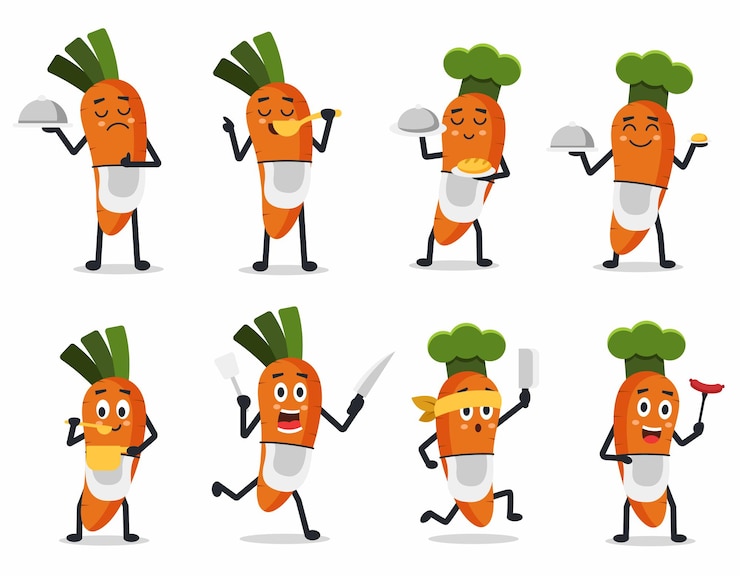 Vector gratuito conjunto de vegetales con varios personajes de dibujos animados de actividades diseño gráfico para banner, zanahoria linda en uniforme de chef, usando utensilios para cocinar alimentos, ilustración vectorial