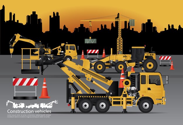 Conjunto de vehículos de construcción con ilustración de Vector de fondo de construcción