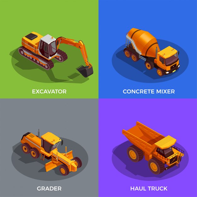 Conjunto de vehículos para trabajos de tierra y transporte de materiales.