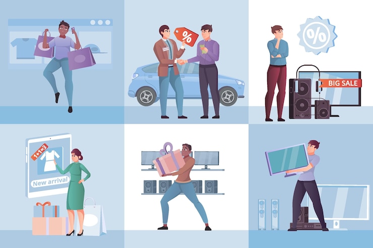 Vector gratuito conjunto de venta de composiciones cuadradas con personajes planos de clientes de compras con productos y asistente de tienda ilustración vectorial