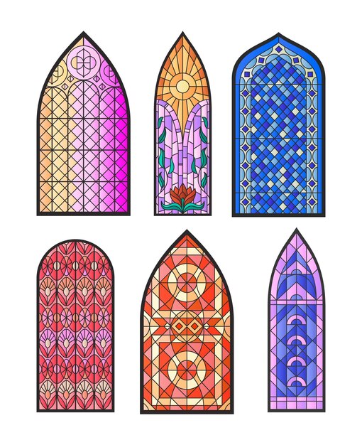 Conjunto con ventanas de la catedral del templo de la iglesia de mosaico de vidrieras aisladas iconos de colores claros en la ilustración de vector de fondo en blanco