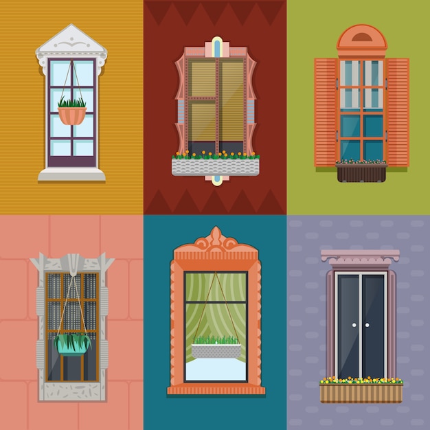 Set Bonitas Ventanas Clásicas Ilustración Dibujos Animados Vectoriales  Constructor Exterior Vector de Stock de ©nordenwind.ukr.net 220240284