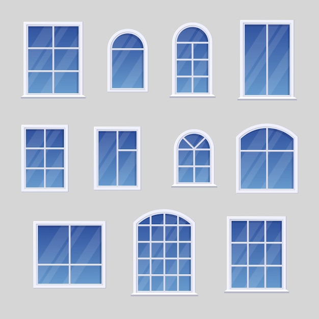 Conjunto de ventanas con diferentes marcos blancos. Ilustraciones vectoriales de ventanas de vidrio azul limpio en la pared del edificio. Dibujos animados elementos clásicos del exterior de la casa aislado blanco. Arquitectura, concepto de fachada