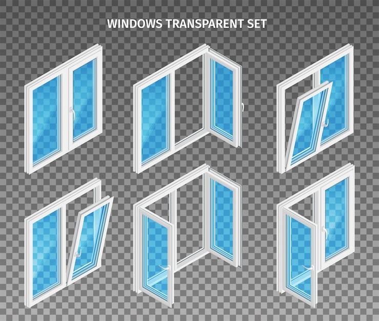 Vector gratuito conjunto de ventanas de plástico de dos y tres hojas con batientes abiertos y cerrados.