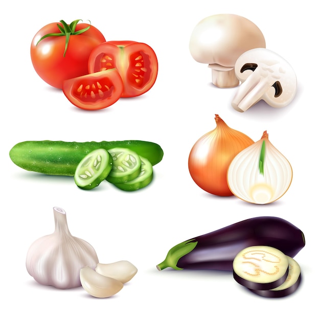 Conjunto de verduras realistas aisladas con rodajas y trozos de champiñones naturales y frutas crudas maduras ilustración vectorial