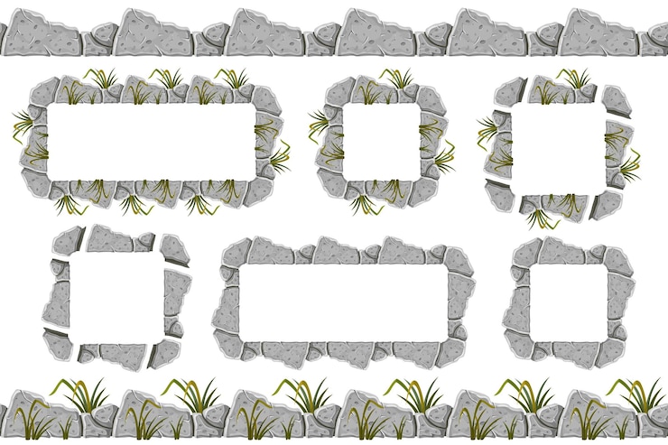Vector gratuito conjunto de viejos marcos de borde de roca gris con hierba