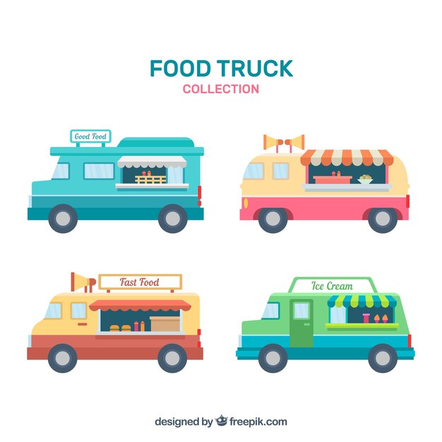 Conjunto vintage de food trucks planas