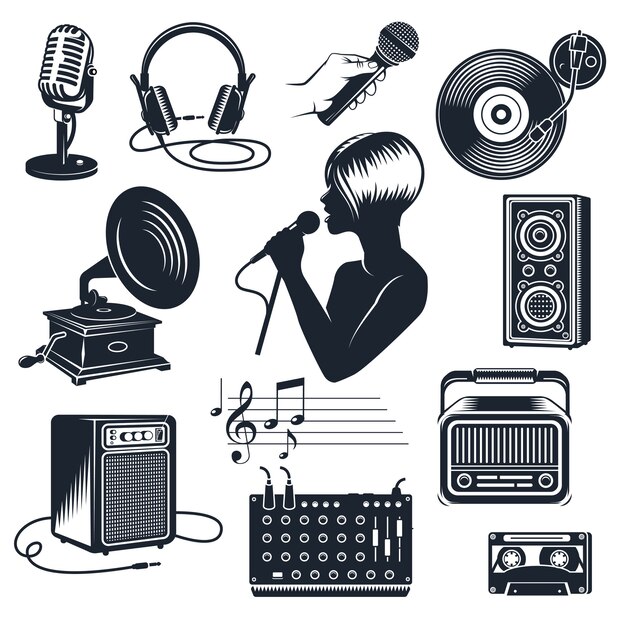 Conjunto Vintage monocromo de elementos de karaoke