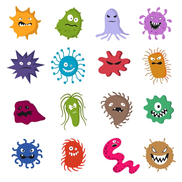 Conjunto de virus y bacterias de divertidos dibujos animados lindo aislado en blanco