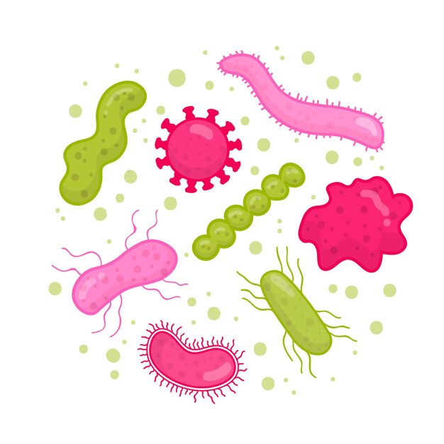Conjunto de virus microscópicos dibujados a mano de varios colores.