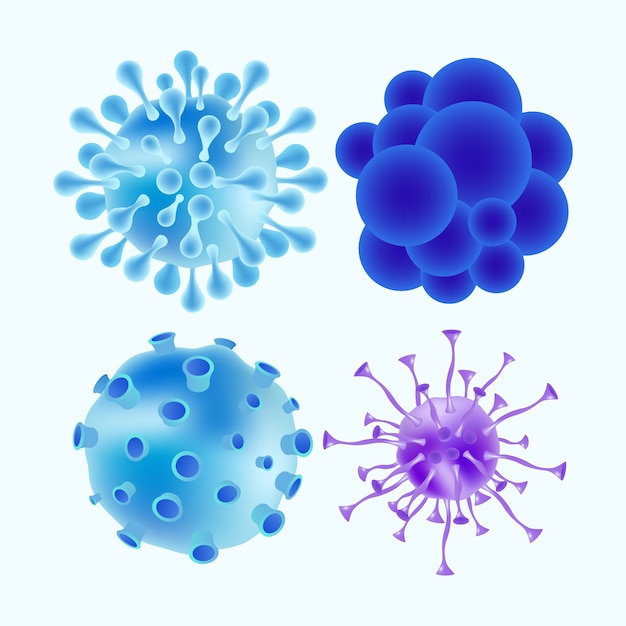 Conjunto de virus microscópicos realistas de varios colores y formas.