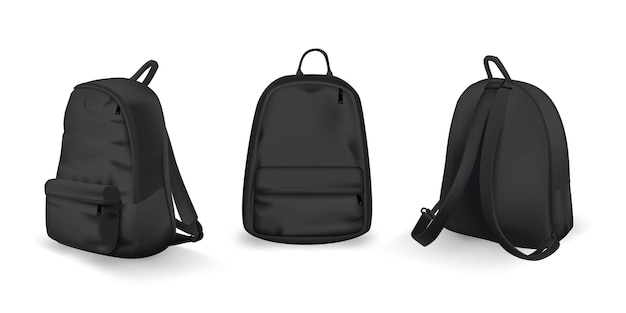 Conjunto de vista frontal, trasera y lateral de mochila negra Maqueta de mochila universitaria o escolar