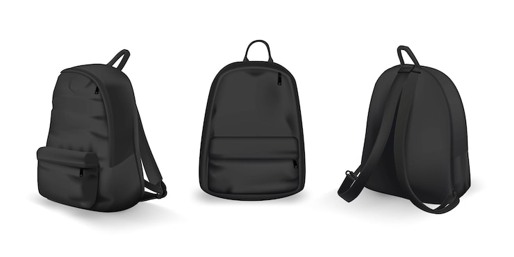 Conjunto de vista frontal, trasera y lateral de mochila negra Maqueta de mochila universitaria o escolar