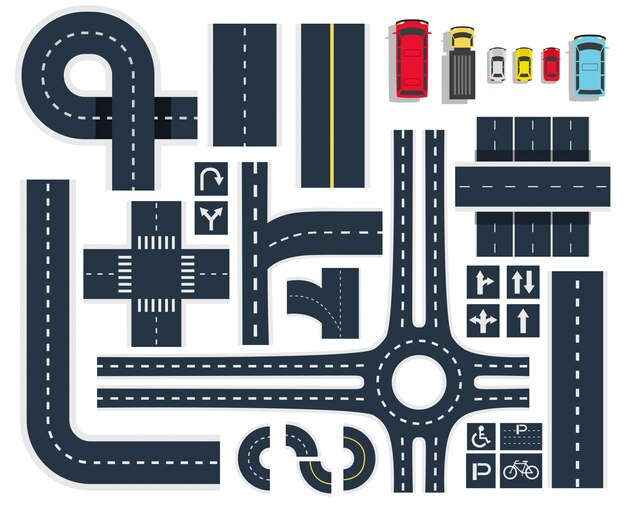 Conjunto de vista superior de carreteras de tráfico