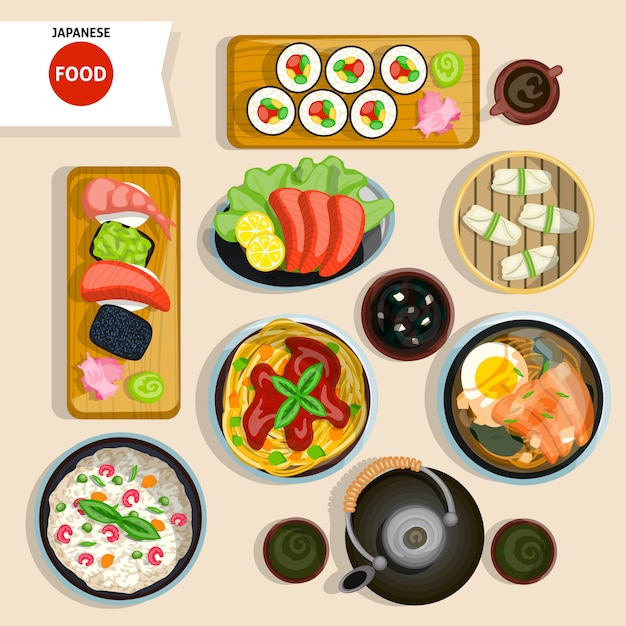 Conjunto de vista superior de comida japonesa