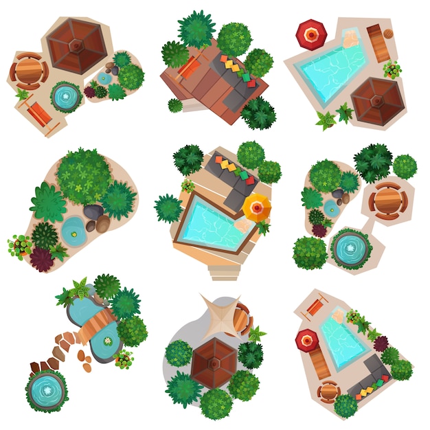 Conjunto de vista superior de composiciones de paisaje