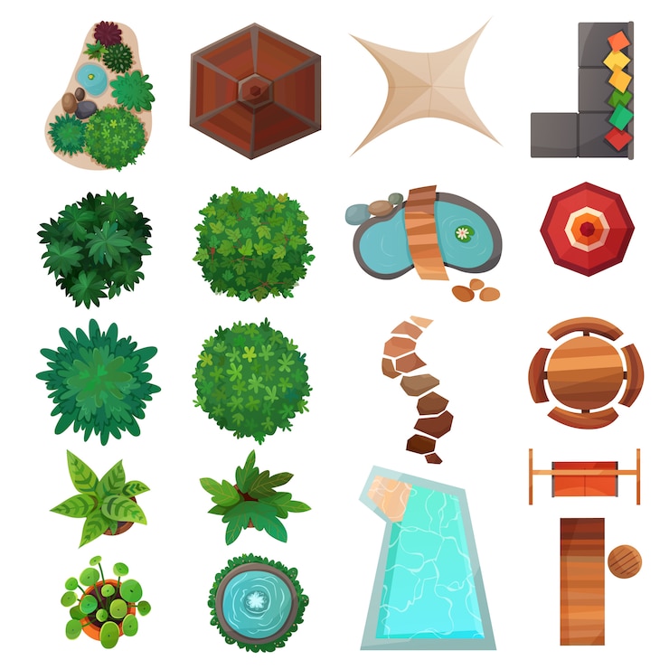 Vector gratuito conjunto de vista superior de elementos de paisaje