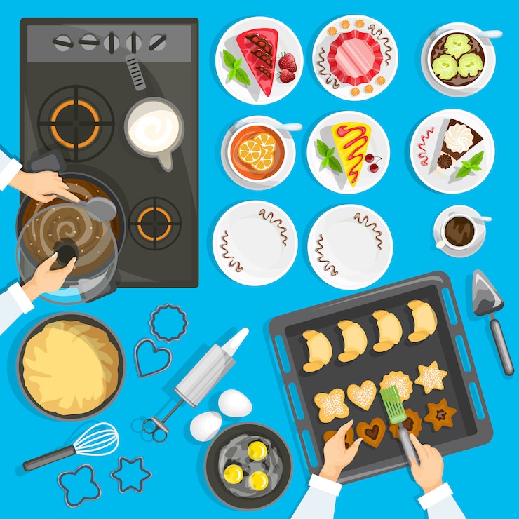 Vector gratuito conjunto de vista superior de lugar de trabajo de repostería