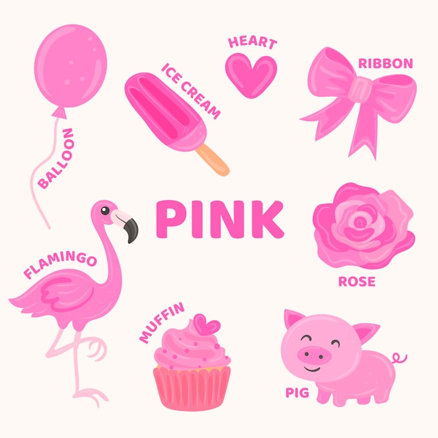 Conjunto de vocabulario y objetos rosas en inglés