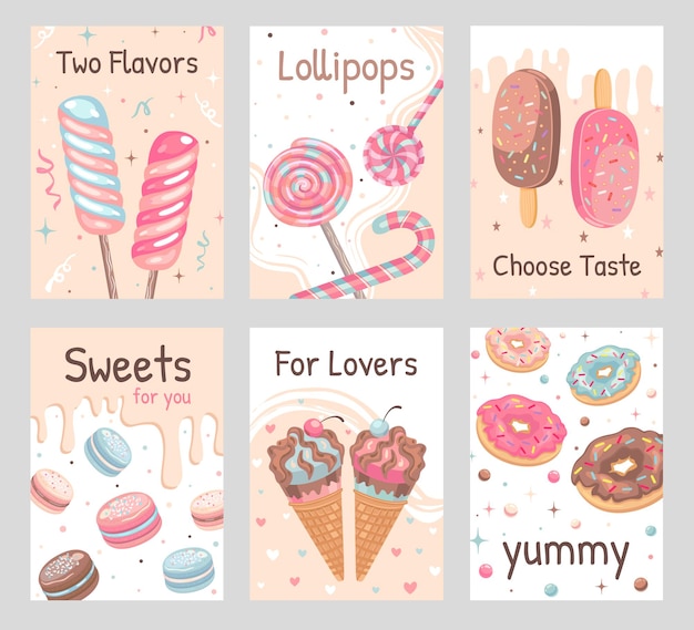 Conjunto de volantes de postres. Ilustraciones de caramelos, rosquillas, cuernos de helado, macarrones