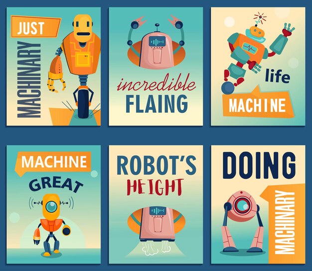 Conjunto de volantes de robots de dibujos animados. Plantilla de volante de máquinas, cyborgs, asistentes electrónicos