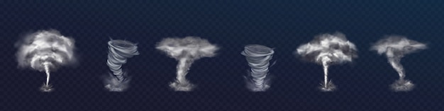 Conjunto de vórtices de tornado realistas. Diferentes tipos de remolinos con nubes y fragmentos voladores.