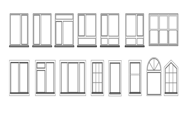 Conjunto de Windows aislado sobre fondo blanco. Elemento de ventana de vector cerrado de arquitectura y diseño de interiores. Ilustración en color negro aislado sobre fondo blanco.