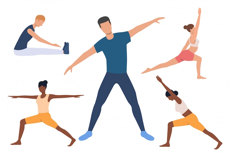 Vector gratuito conjunto de yogi. hombres y mujeres haciendo yoga