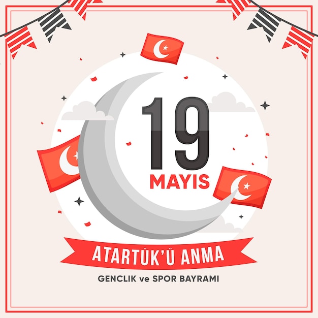 Vector gratuito conmemoración plana de ataturk, ilustración del día de la juventud y el deporte.