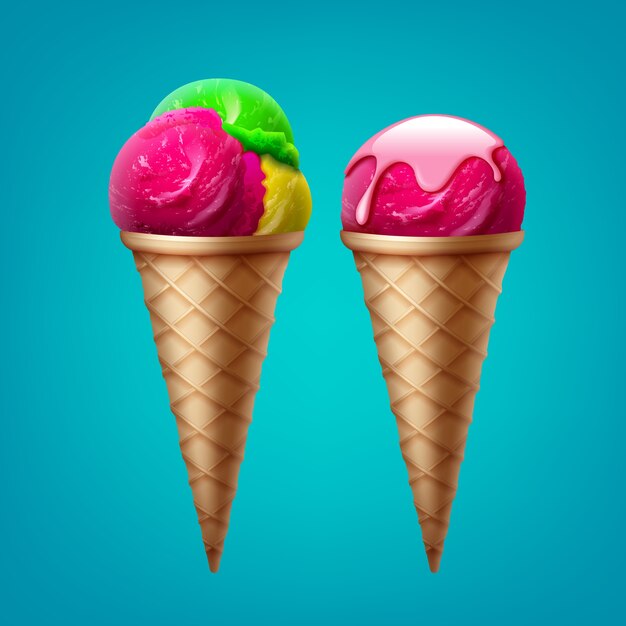 cono de helado con una bola en glaseado y cono de helado con tres bolas de diferente sabor