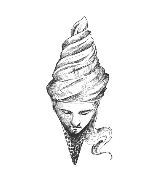 Cono de helado con cara de hombre Ilustración de vector de boceto dibujado a mano