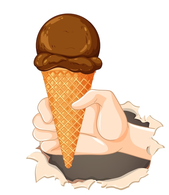 Con el cono de helado de chocolate en la mano