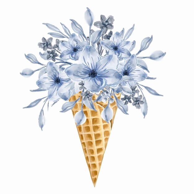 Cono de helado de ramo de flores silvestres azules