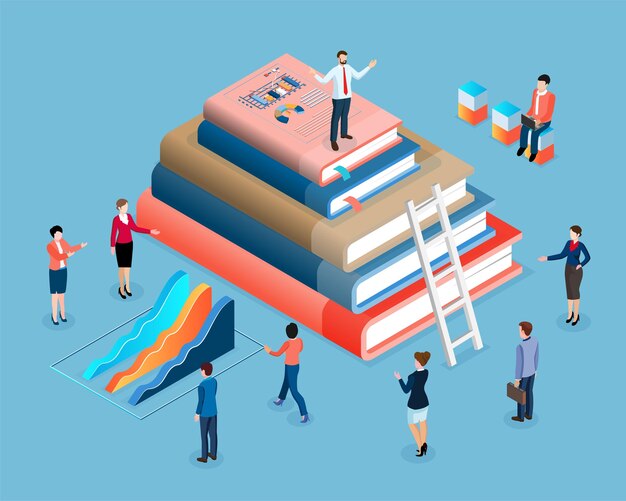 Conocimiento empresarial y concepto de centro de datos Empresario de pie en una pila de libros coaching tutoría desarrollo de capacitación del personal empresarial Concepto de aprendizaje electrónico