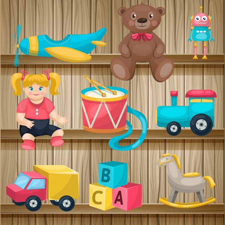 Vector gratuito conos de juguetes para niños en estantes