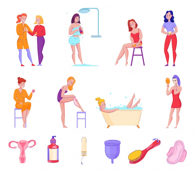 Consejos de productos de cuidado personal de higiene femenina colección de iconos planos con ducha toallas frescas tampones de jabón ilustración vectorial