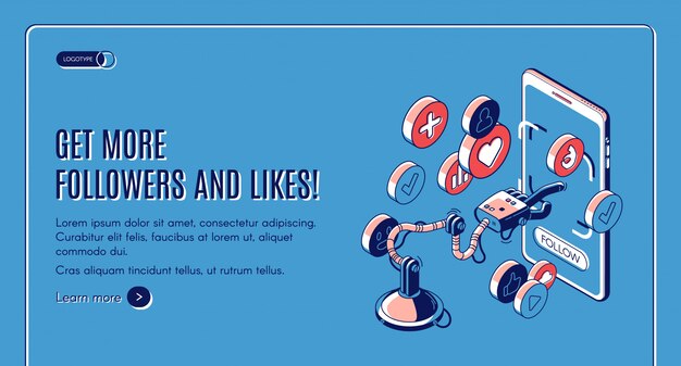 Consigue más seguidores y le gusta la página de inicio isométrica
