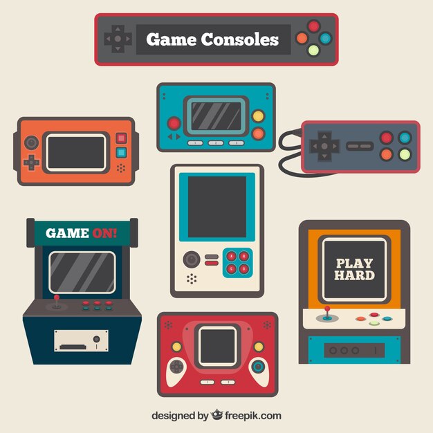 Consolas vintage de videojuegos en diseño plano 