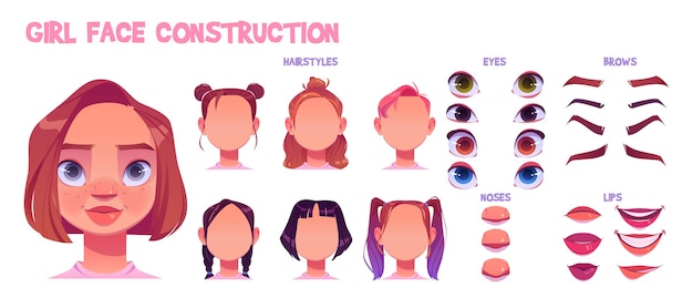 Construcción de cara de niña, creación de avatar con diferentes partes de la cabeza en blanco