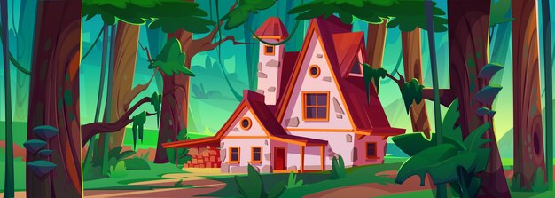 Construcción de casas en el fondo vectorial del bosque de la selva Cabaña de campo con chimenea de porche y ventana en hojas exuberantes entorno de bosques naturales Faity cuento ladrillo antigua cabaña de verano sin escena panorámica de nadie
