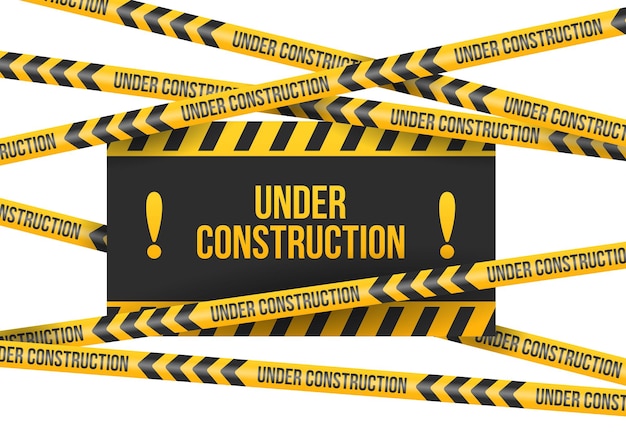 En construcción composición realista con cintas de advertencia amarillas y negras ilustración vectorial