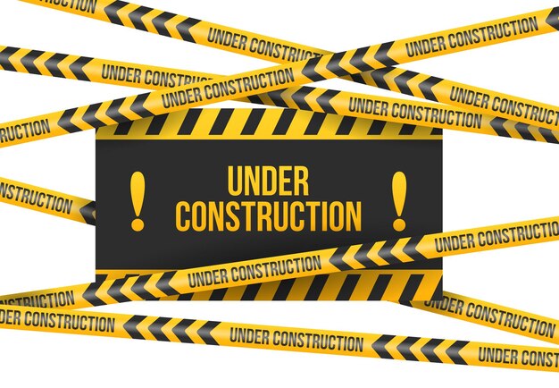 En construcción composición realista con cintas de advertencia amarillas y negras ilustración vectorial
